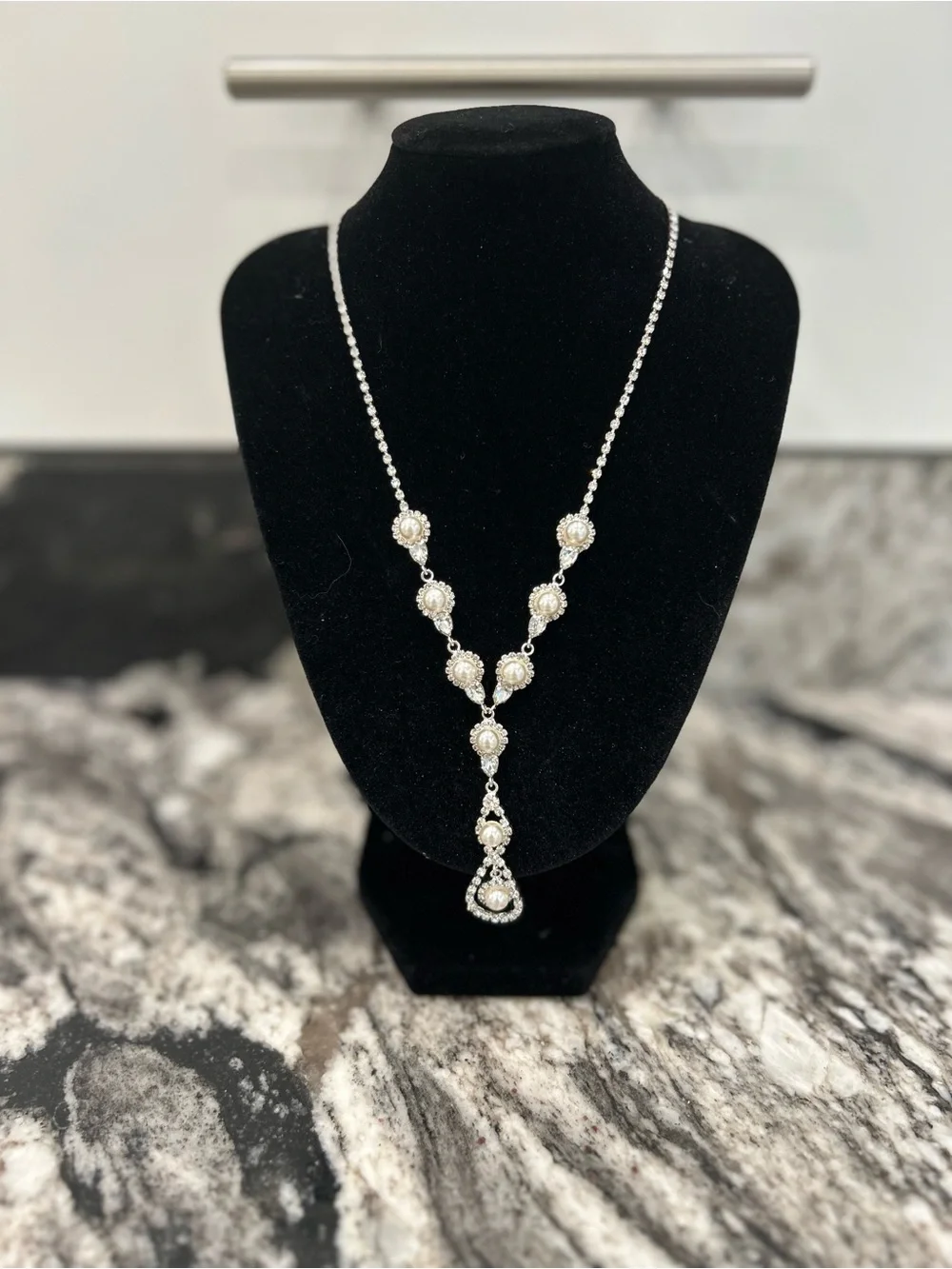 Pearl and Crystal Y-Drop Necklace - Silver Tone Sensitive Skin